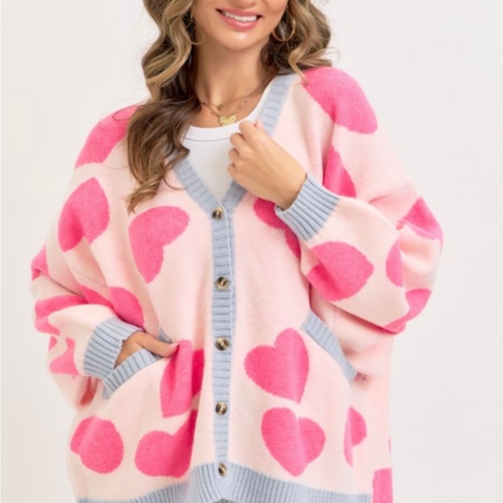 6. Sweet Lovely Brand NWT Pink Heart Patterned Women's Sweater Oversized L